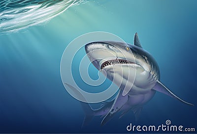 Reef shark on depth realistic background illustration. Cartoon Illustration