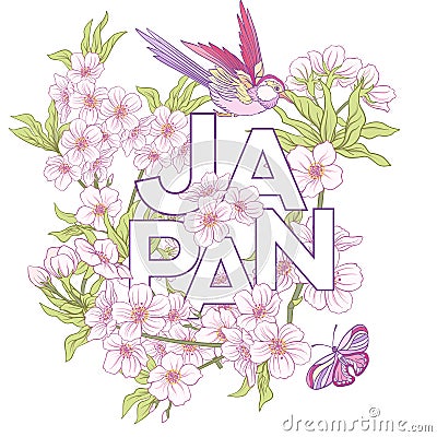 Illustrations with Japanese blossom pink sakura and birds and wo Vector Illustration