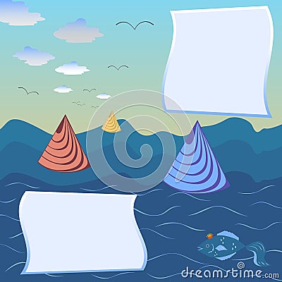 Illustrations of marine nature using empty frames and abstract illustrations, poster of fish in the sea and seagulls flying in the Vector Illustration