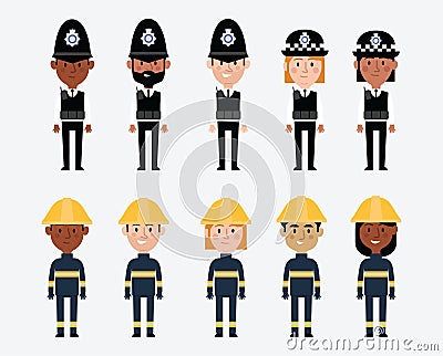 Illustrations Of Occupations In UK Police And Fire Services Vector Illustration