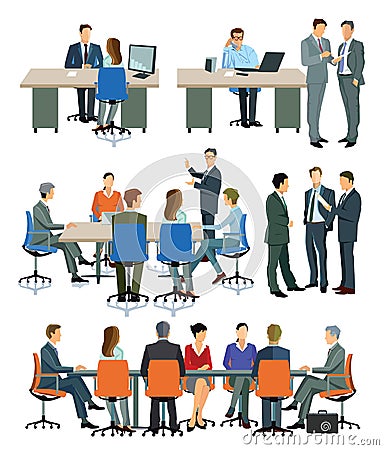 Illustrations of office meetings and presentations Vector Illustration