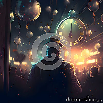 Illustrations, people gazing at the clock Striking midnight of the new year. New Year's celebrations Vector Illustration