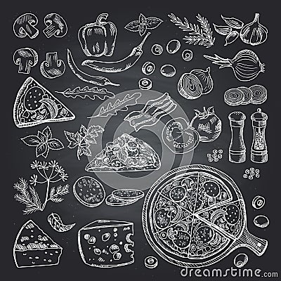 Illustrations of pizza ingredients on black chalkboard. Pictures set of italian kitchen Vector Illustration