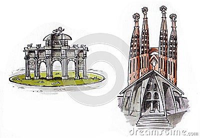 Illustrations of Puerta de AlcalÃ¡, and Sagrada Familia Stock Photo