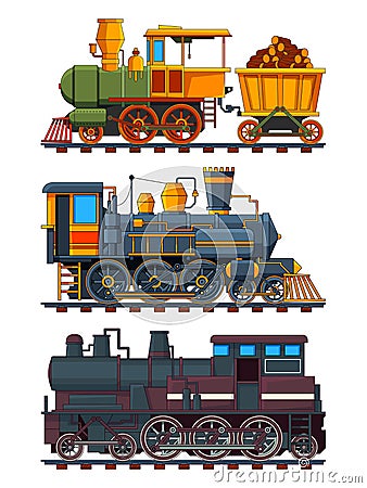 Illustrations of retro trains with wagons Vector Illustration