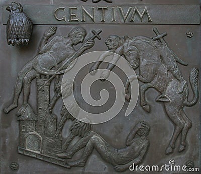 Illustrations of stories from the Bible on doors Basilica of the Annunciation in Nazareth Stock Photo