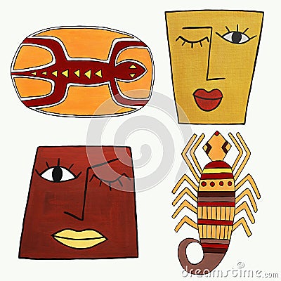 Illustrations stylized as African motifs. Elements drawn in gouache on paper. Clip art Isolated on a white background. For Stock Photo