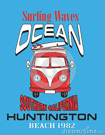 summer bus surfing waves print vector art Vector Illustration