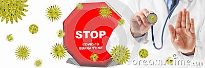 Illustrative Banner. Concept of coronavirus pandemic outbreak. Doctor in medical gown signaling stop with hand palm Stock Photo