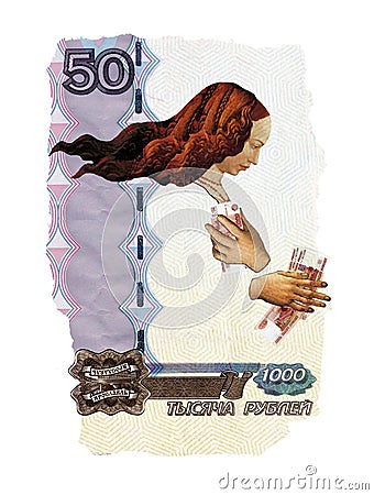 Illustrative collage. A woman presses Russian rubles to her chest. Against the background of a collage of different banknotes of Editorial Stock Photo