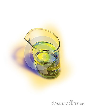 Distorted chemical beaker with bright green solution on yellow halo Stock Photo