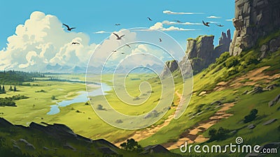 Adventure Themed Landscape With Avian Flight Stock Photo