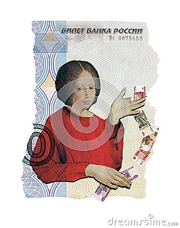 Illustrative editorial. Illustrative collage. The girl is juggling Russian rubles with money. Against the background of a collage Editorial Stock Photo