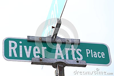 Illustrative editorial image of a street sign on River Arts Place in Asheville, North Carolina Editorial Stock Photo