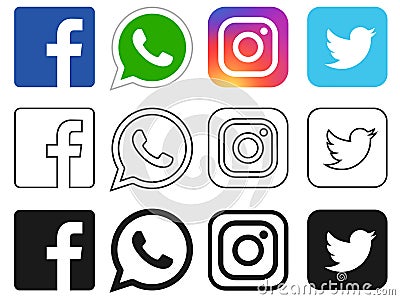 Social media icon for Facebook, Whatsapp, Instagram, Twitter Vector Illustration