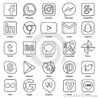 Social media icon for Facebook, Whatsapp, Skype, Youtube, Instagram, Snapchat, Hangout, Twitter Vector Illustration