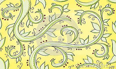 Illustrative hand drawn sketch of a curved green plant with leaves and decorative elements Stock Photo