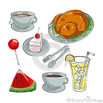 an illustrative image showing several types of food, drinks and desserts Stock Photo