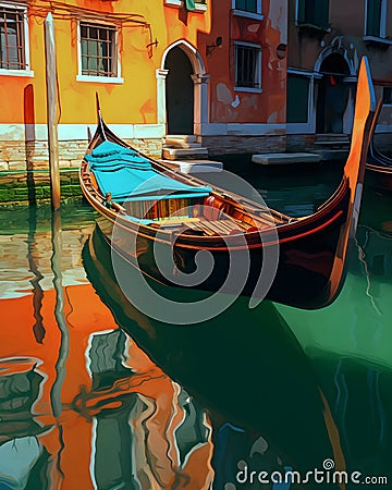 Illustrative painting of the city of Venice. A canal with a gondola. Generative AI. Stock Photo