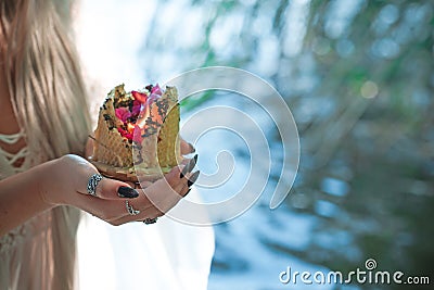 Fairytale woman, nymph girl in white dress. Legend concept Stock Photo
