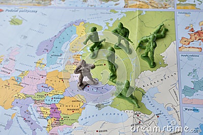 Illustrative photo of war in Ukraine, infantry and political map Stock Photo