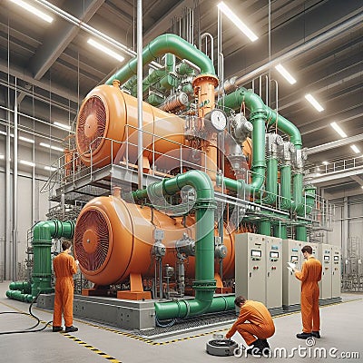 Heavy Industry inside: Water compress process machinery. Stock Photo