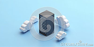 Illustrative representation of a data server or cloud storage surrounded by clouds, cloud computing and external data storage Stock Photo