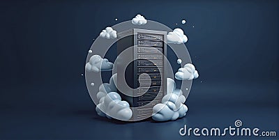 Illustrative representation of a data server or cloud storage surrounded by clouds, cloud computing and external data storage Stock Photo
