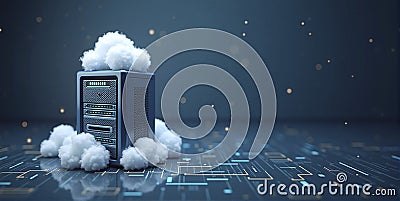 Illustrative representation of a data server or cloud storage surrounded by clouds, cloud computing and external data storage Stock Photo