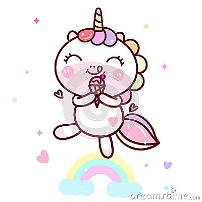 Illustrator of Cute Unicorn vector ice cream Happy birthday, Yummy food Vector Illustration