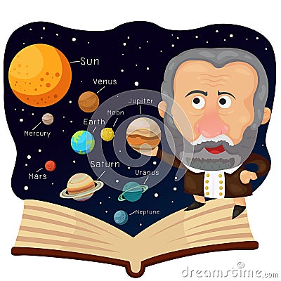 Illustrator of Galileo and book with universe Vector Illustration