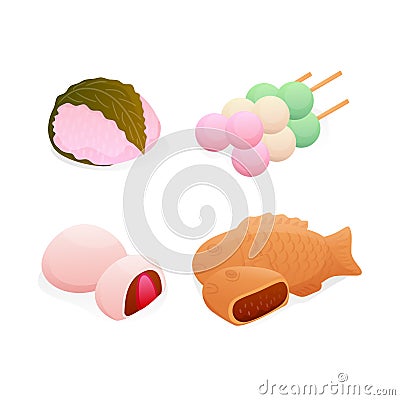 Set Isometric Japanese Sweet Dessert, Spring Seasonal Food Vector Illustration Vector Illustration