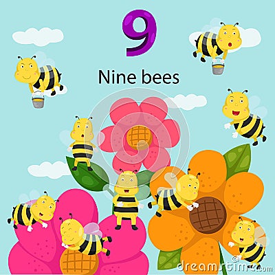 Illustrator of number nine bees Vector Illustration