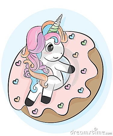 Illustrator of Unicorn cartoon with donuts Vector Illustration