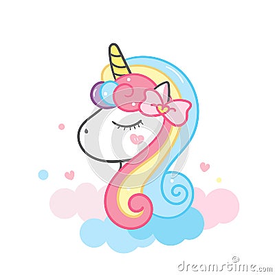 Illustrator of Unicorn head cartoon Pastel color with candy could Vector Illustration