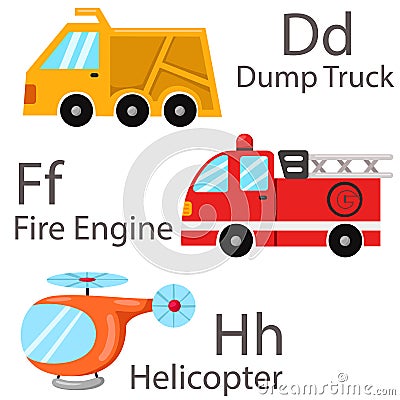 Illustrator for vehicles set 2 with Dump Truck, fire engine, helicopter Vector Illustration