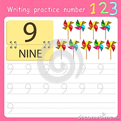 Illustrator Write practice number 9 Vector Illustration