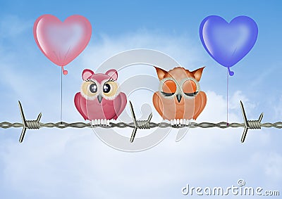 Illustrazione of owls on barbed wire Stock Photo