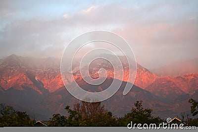 Iluminated and Aflame Himalayas, Kangra India Stock Photo