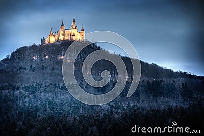 Iluminated Castle Hohenzollern in the wintertime Stock Photo