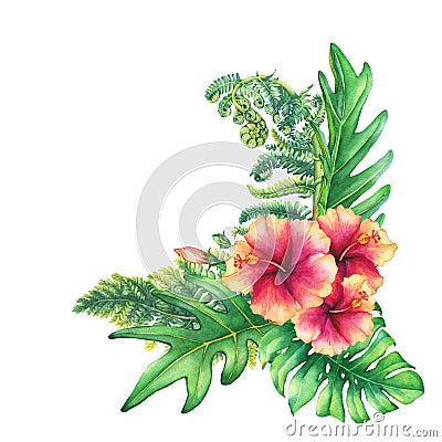 Ilustration of a bouquet with yellow-pink hibiscus flowers and tropical plants. Stock Photo