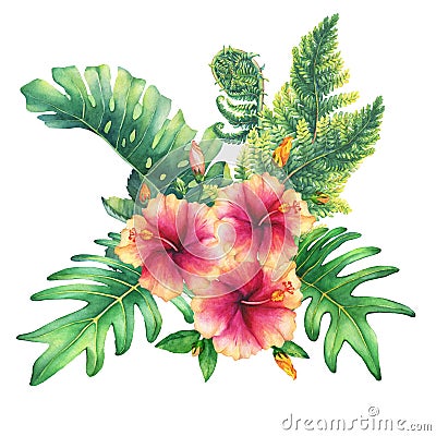 Ilustration of a bouquet with yellow-pink hibiscus flowers and tropical plants. Stock Photo