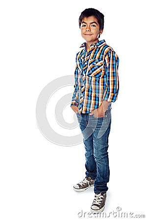 Im just cool like that. Studio portrait of a young boy posing against a white background. Stock Photo