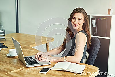 Im always strategising for success. Portrait of a young businesswoman working on a laptop in a modern office. Editorial Stock Photo