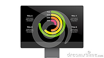 iMac mock up. Infographic slide template. Circle diagram chart. Financial report. Electronic device presentation. User Vector Illustration