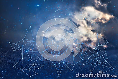 image of abstract connected dots on bright glittery blue background. Technology concept Stock Photo
