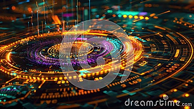 The image is an abstract representation of a computer chip. The colors represent different types of data flowing through Stock Photo