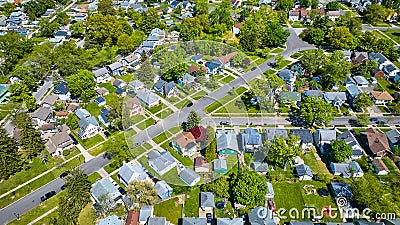 Aerial neighborhood houses green lawn landscaping HOA downtown housing trampoline Stock Photo