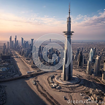 Aerial shot of Kuwait towers, the iconic symbol of state of Kuwait, made with Generative AI Stock Photo