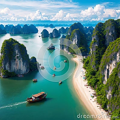 Aerial view Vung Vieng floating fishing village and rock island, Halong Bay, Vietnam, Southeast Asia. UNESCO World Stock Photo